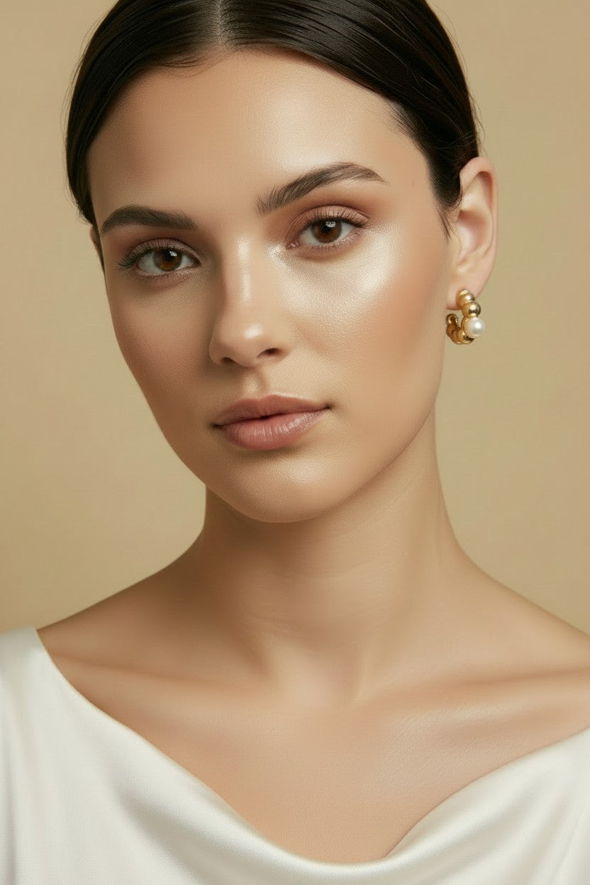 18k Gold Filled Beaded C-Hoop With Simulated Pearl