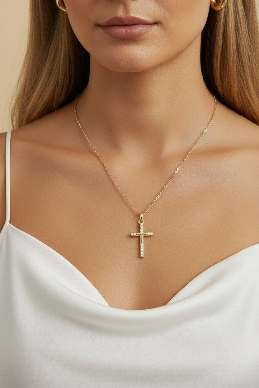 ✝️ 18k Gold Filled CZ Cross Pendant — Four Points. Four Stones. Faith That Catches the Light.