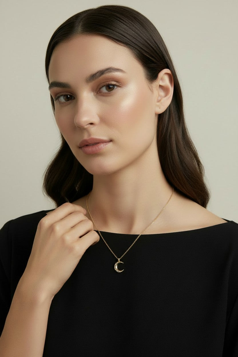 🌙 18k Gold Filled Hammered Crescent Moon CZ Necklace — Celestial Beauty, Textured in Gold.