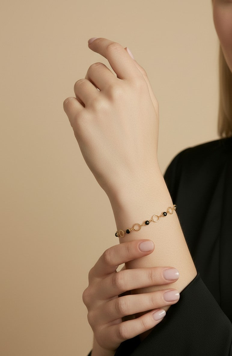 18k Gold Filled Black Bezel CZ & Circles Bracelet