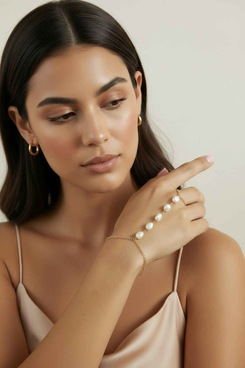🤍 18k Gold Filled Baroque Pearl Hand Chain — From Wrist to Finger. The Hand, Adorned Entirely.