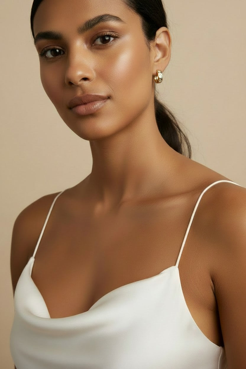 ✨ 18k Gold Filled Three-Stone CZ Huggie Earrings — Three Large Stones. One Row. Maximum Sparkle, Close to the Lobe.