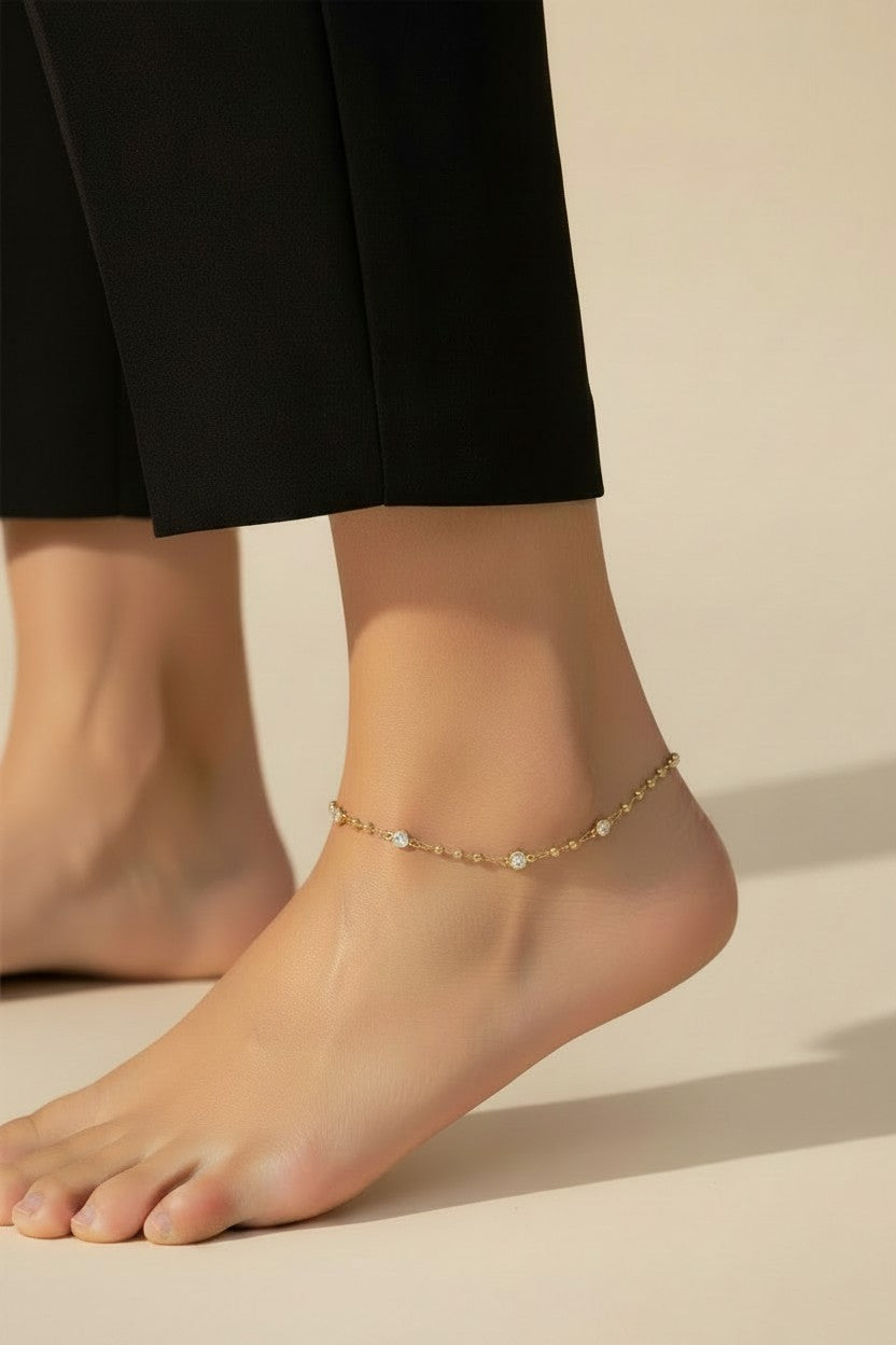 ✨ 18k Gold Filled Bead & CZ Anklet — The Same Warm Rhythm. All the Way Down.