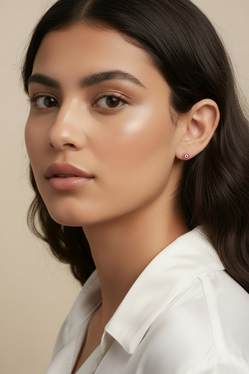 Evil Eye Stud Earrings - Tiny Red Enamel Protection Studs for Women