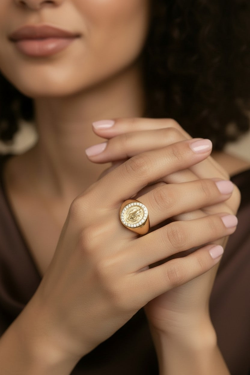 🙏 18k Gold Filled Our Lady of Guadalupe CZ Signet Ring — La Virgencita. On the Finger. Always.