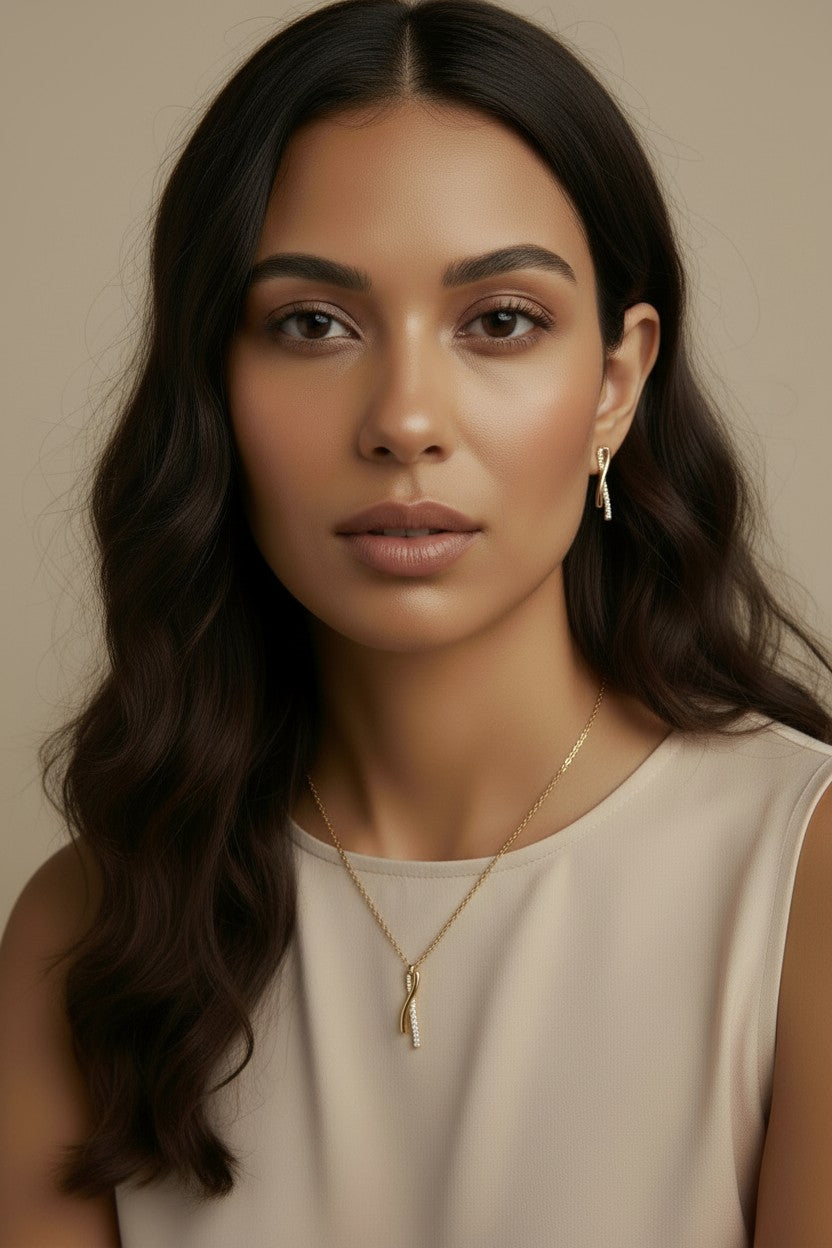 18k Gold Filled Curve Bar CZ Necklace