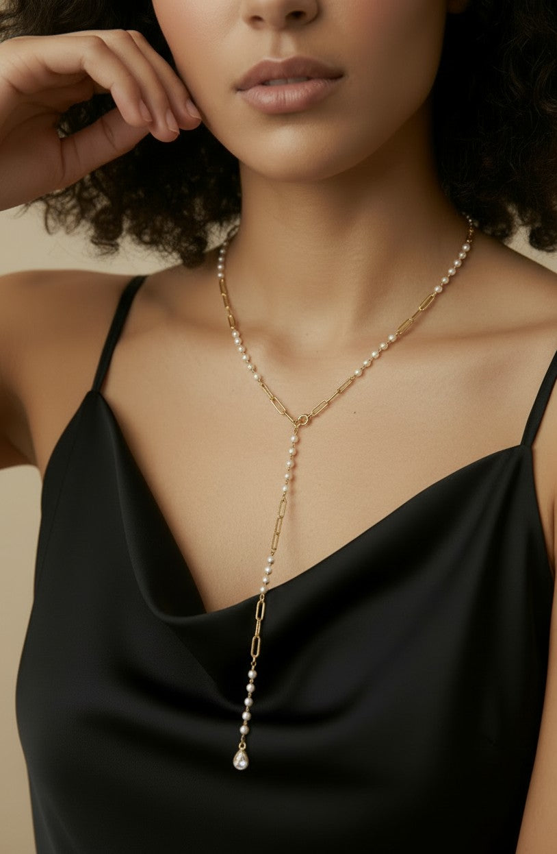 ✨ 18k Gold Filled Pearl & Paperclip Lariat Necklace — Where Modern Gold Meets Timeless Pearl