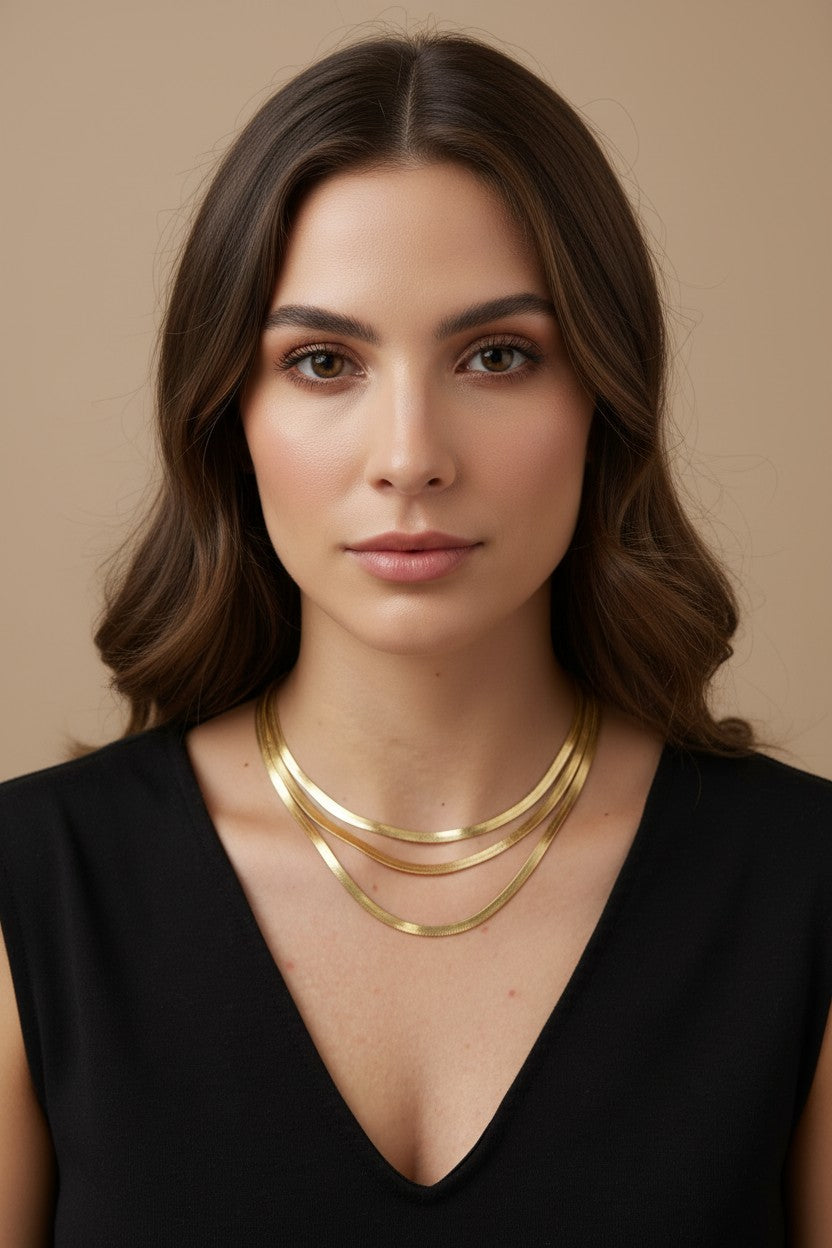 ✨ 18k Gold Filled 4mm Herringbone Chain — The Flattest. The Most Fluid. The Most Luxurious Drape at the Neckline.