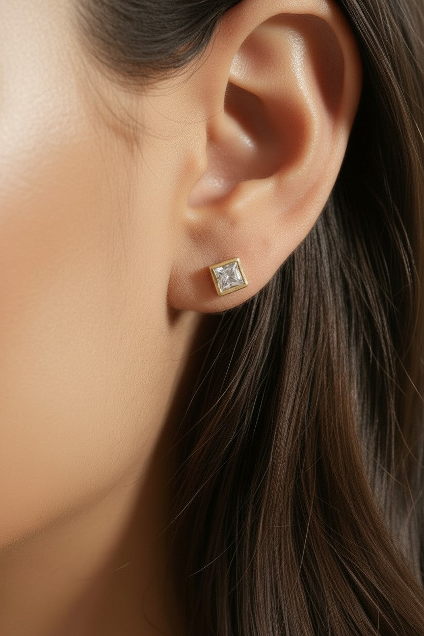 Handcrafted Square CZ Stud Earrings - Waterproof & Hypoallergenic