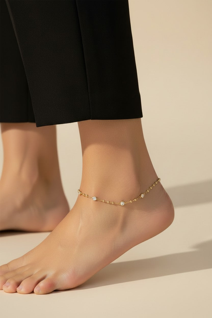 ✨ 18k Gold Filled Bead & CZ Anklet — The Same Warm Rhythm. All the Way Down.