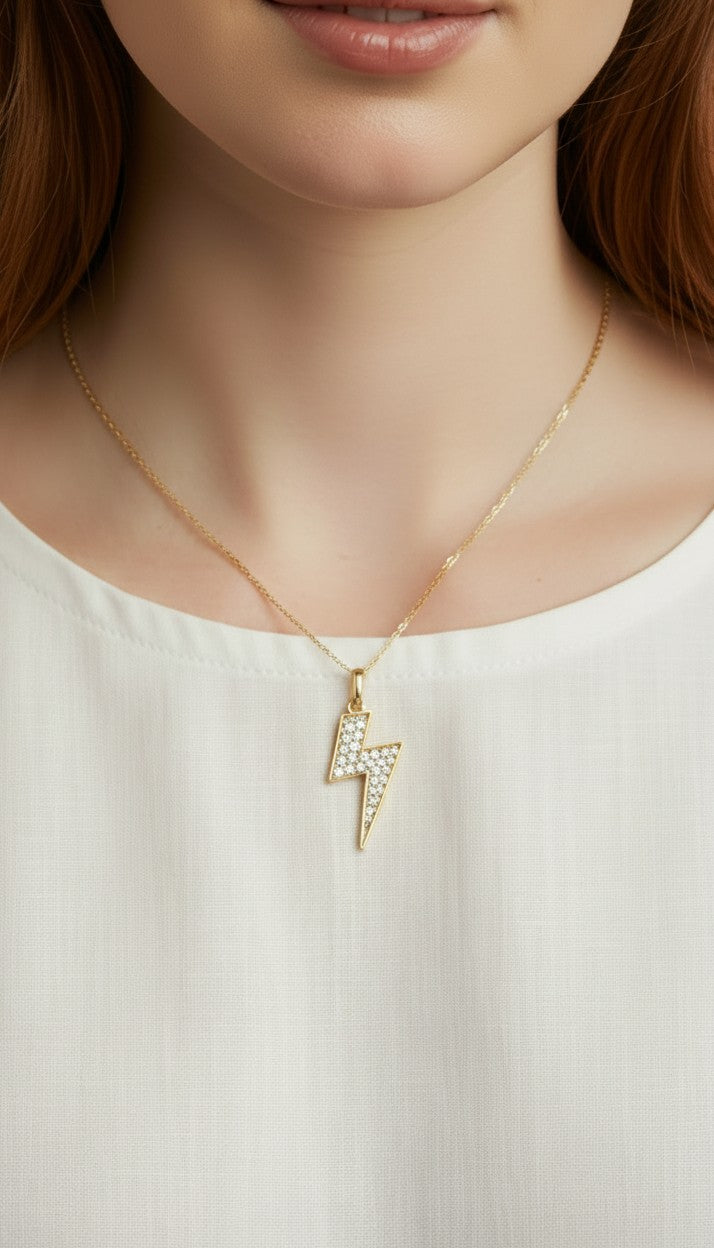 ⚡ 18k Gold Filled CZ Lightning Bolt Pendant — The Energy. The Edge. The Neckline.