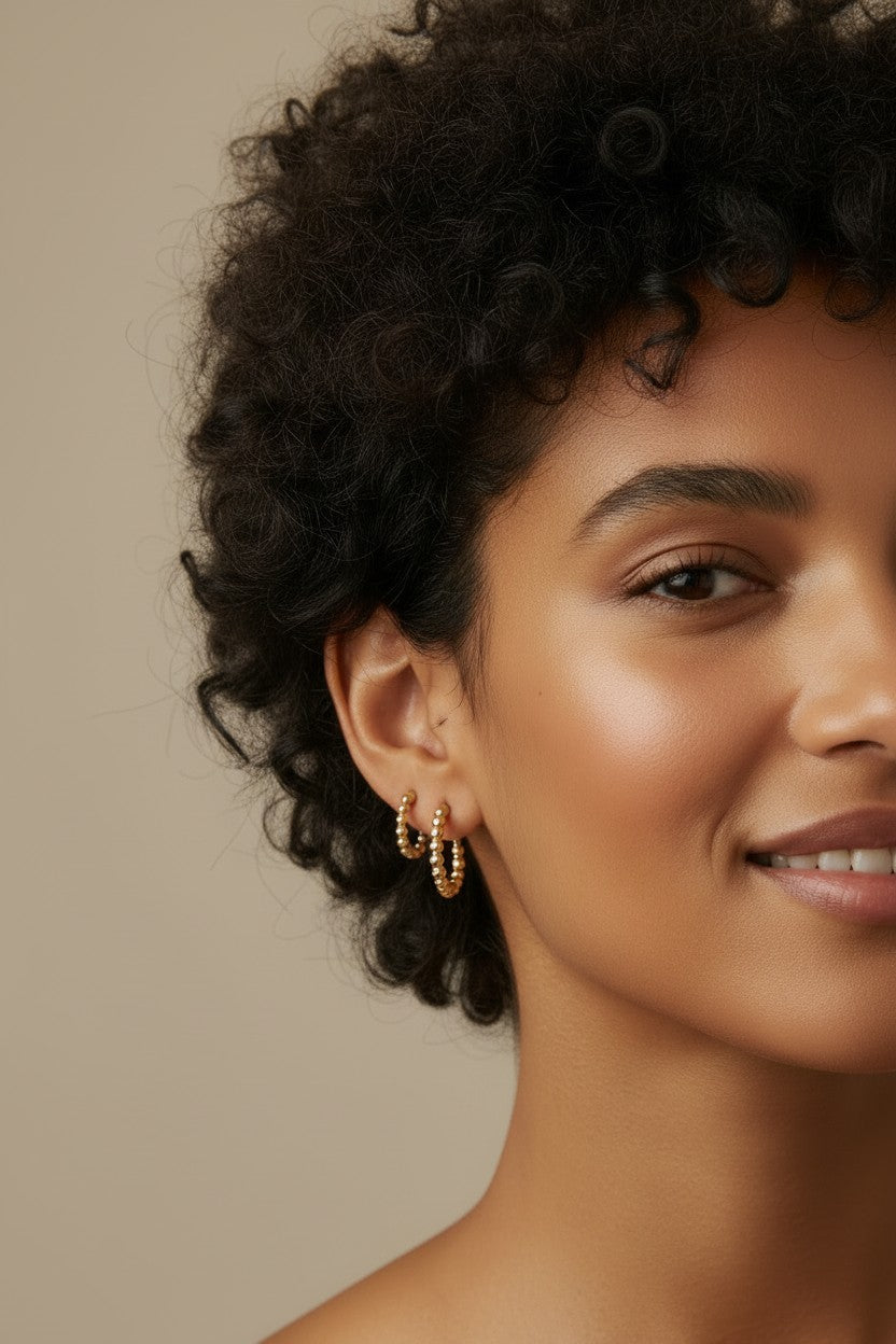 18k Gold Filled Beaded Semi-Hoop Earrings — Granulated Edges. Slim Arc. Two Perfect Sizes.