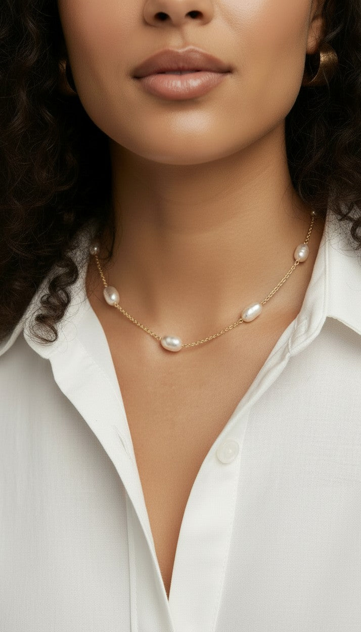 🤍 18k Gold Filled Spaced Baroque Pearl Necklace — Each Pearl Its Own Moment. The Chain Its Own Beauty.