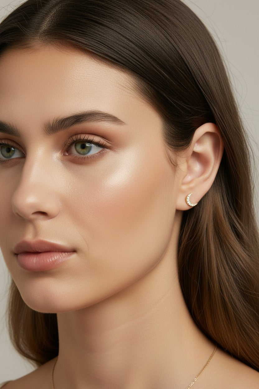 🌙 18k Gold Filled CZ Crescent Moon Stud Earrings — The Moon, Covered in Stars.