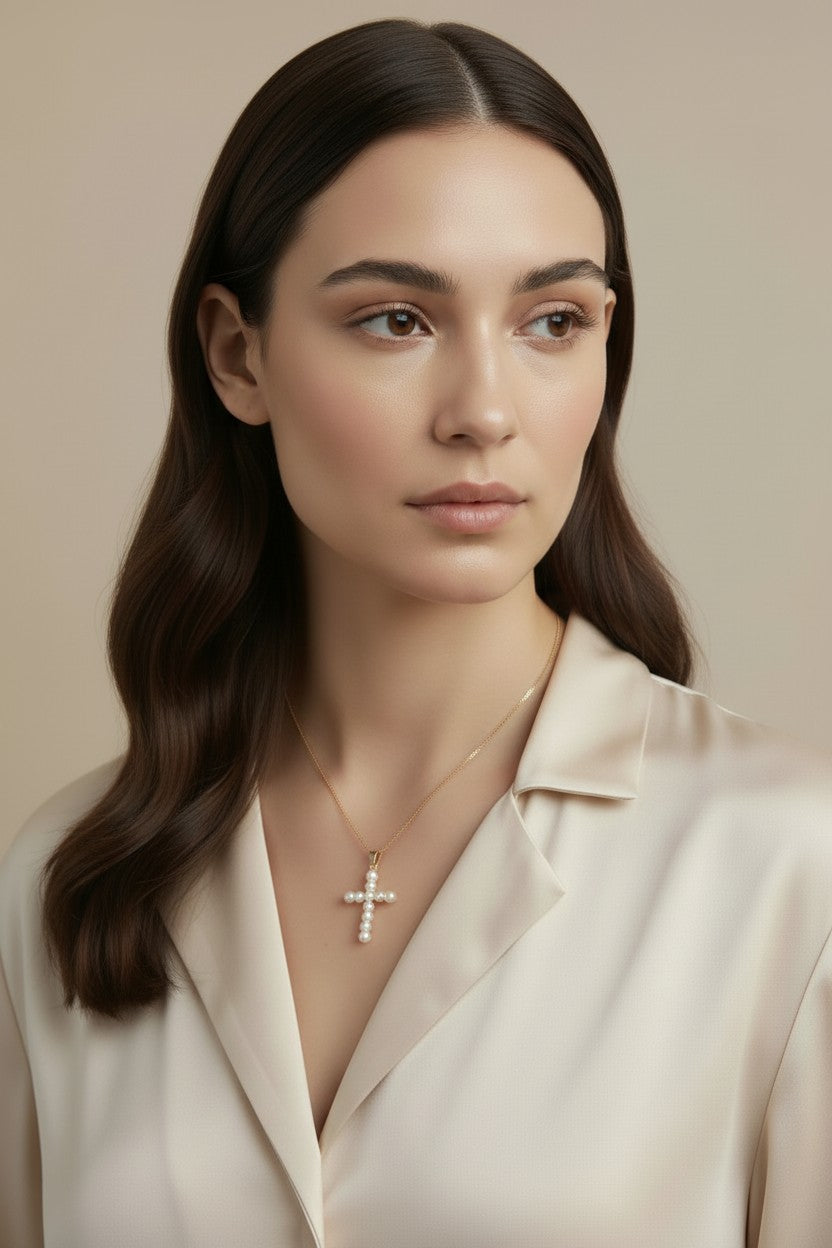18k Gold Filled Pearl Cross Pendant