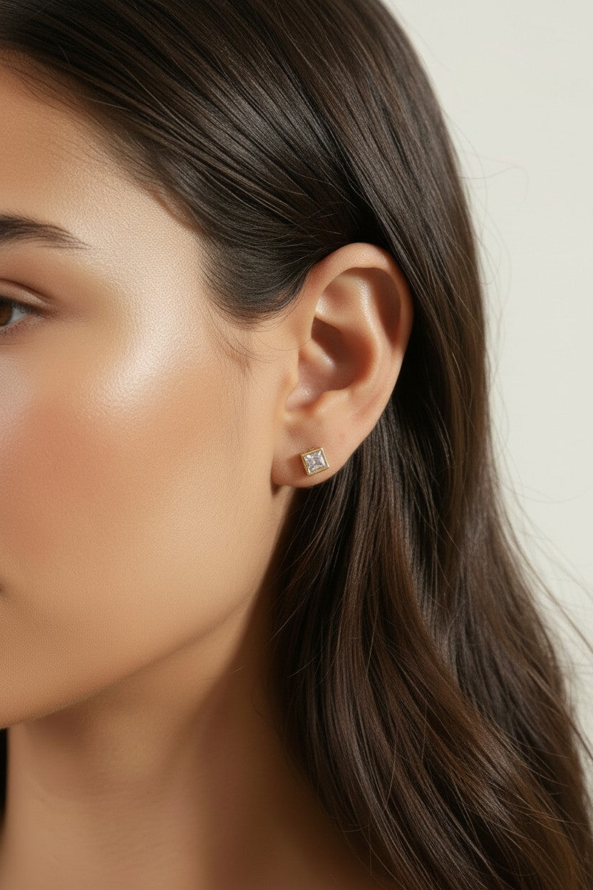 Handcrafted Square CZ Stud Earrings - Waterproof & Hypoallergenic