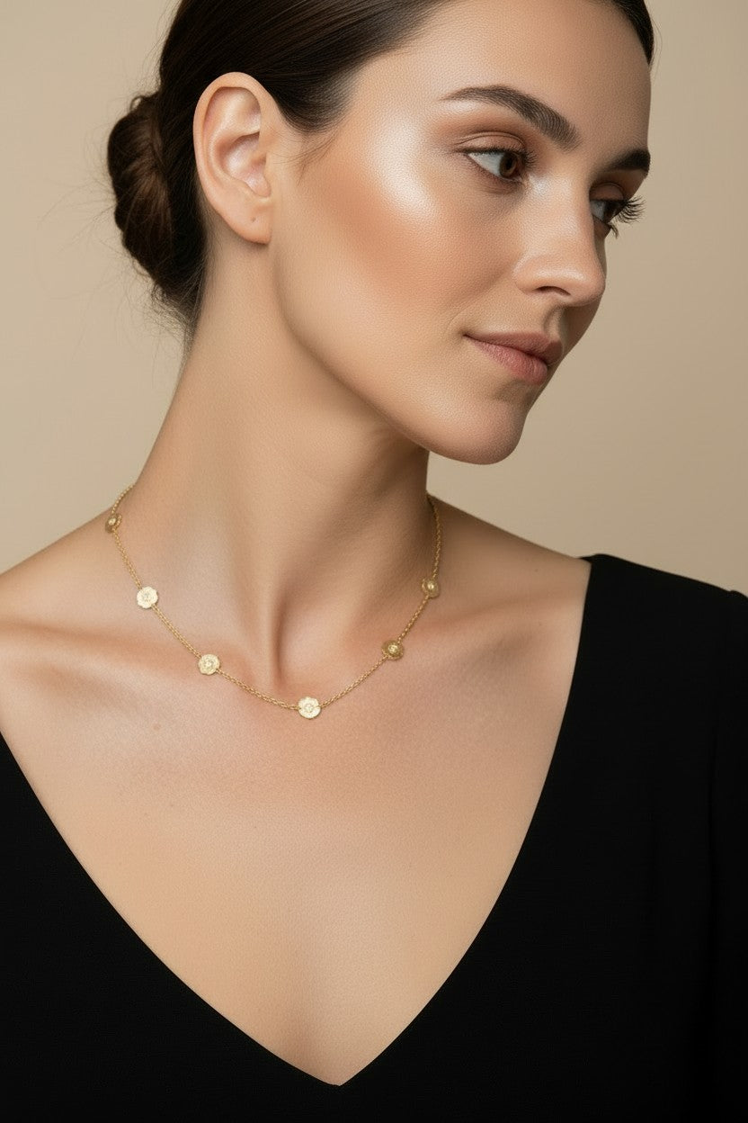 🌸 18k Gold Filled CZ Flower Charm Necklace — A Garden at the Collarbone. One Tiny Spark per Bloom.