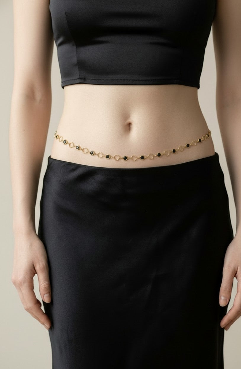 ✨ 18k Gold Filled Black CZ Circle Link Belly Chain — Gold; Black. The Contrast That Commands.