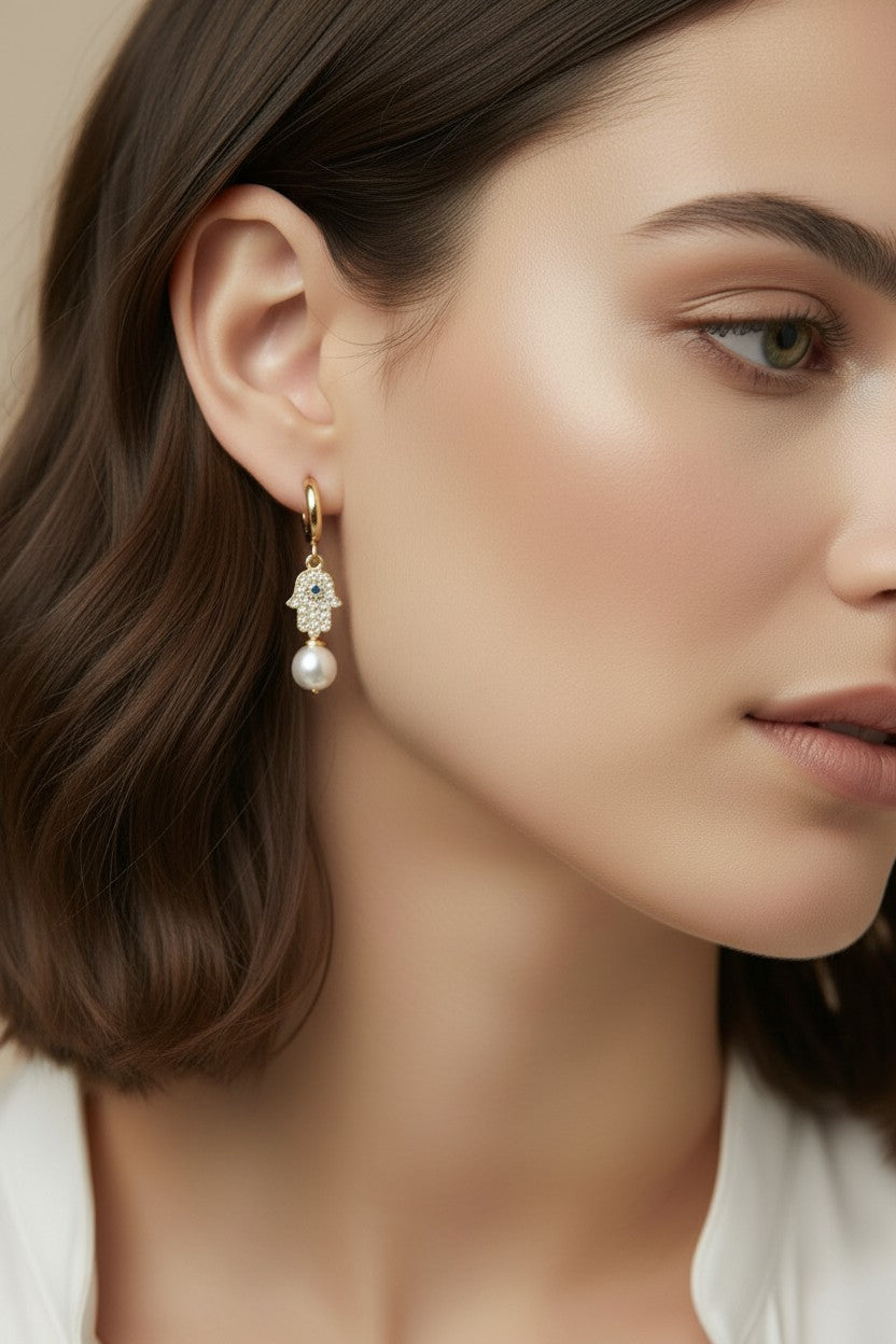 🪬 18k Gold Filled Hamsa Pearl Hoop Earrings — Protection, Elegance, a Little Something Sacred