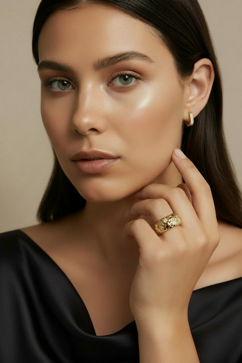 🌙 18k Gold Filled Hammered Moon Ring — Cratered Texture. Scattered Stars. The Moon at the Finger.