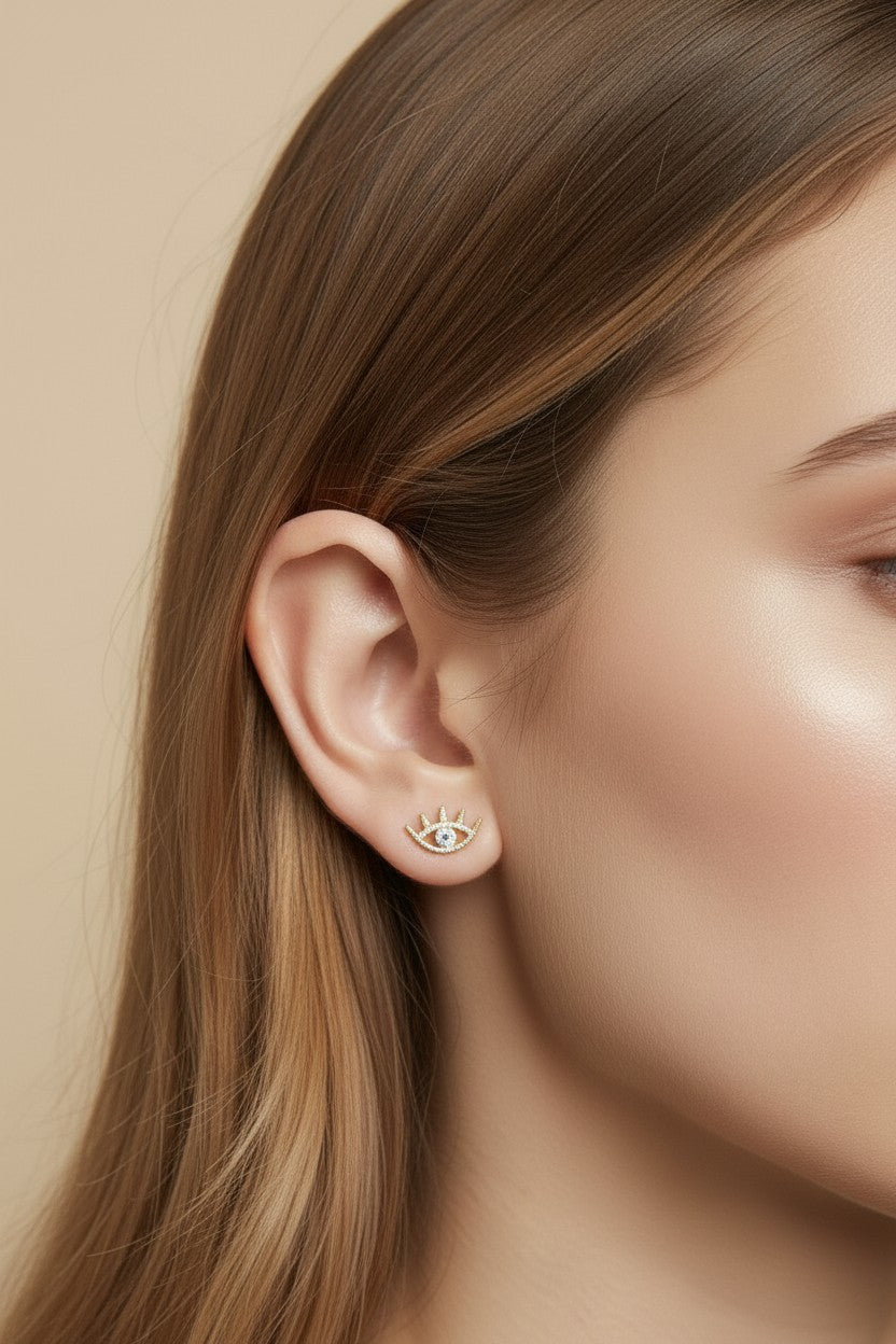 Cubic Zirconia Eye Stud Earrings - Dainty Evil Eye Studs for Women