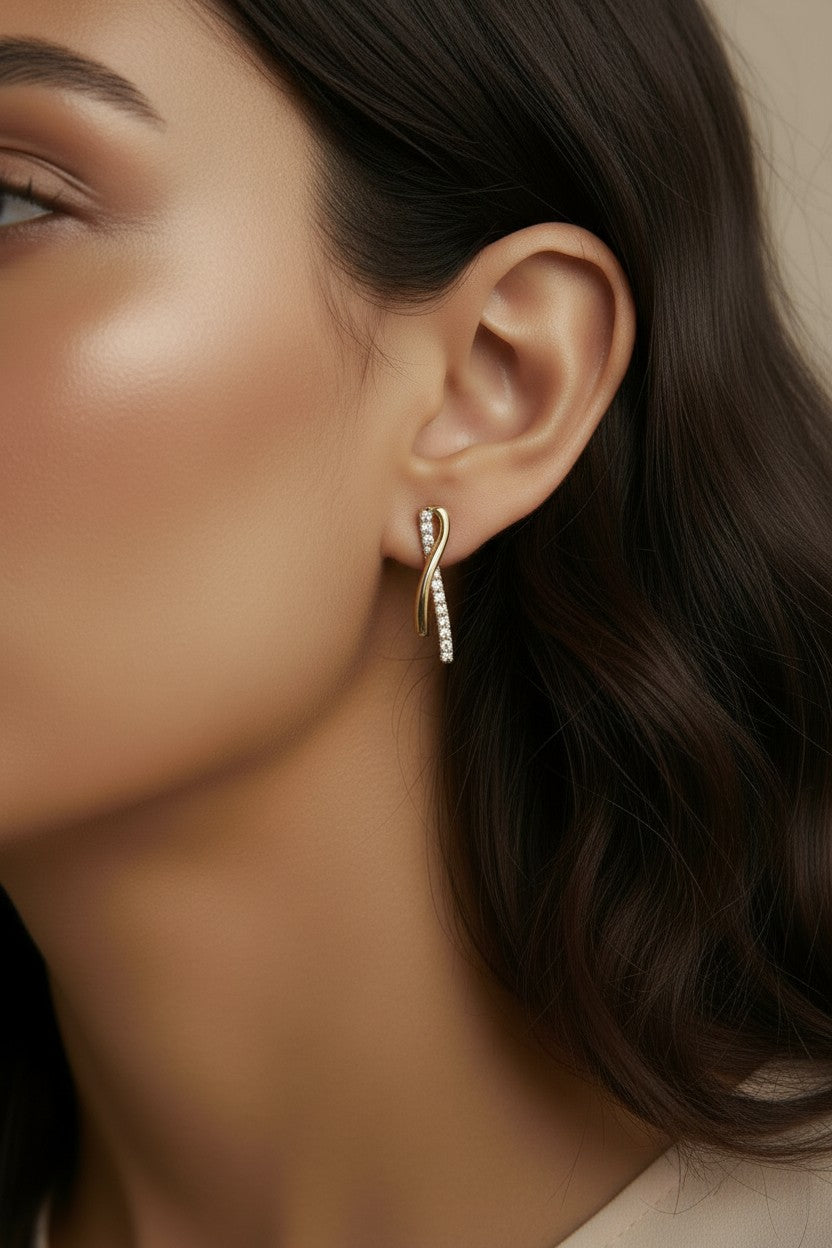 18k Gold Filled Curve Bar CZ Earrings