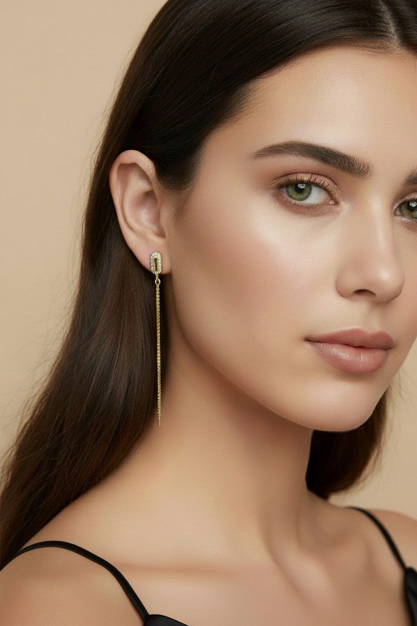 18k Gold Filled CZ Box Chain Drop Earrings — Structured Sparkle, Effortless Drama