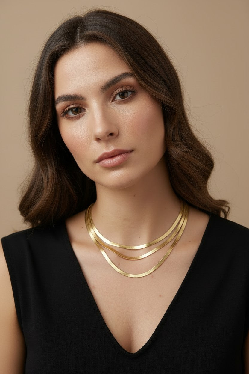 ✨ 18k Gold Filled 4mm Herringbone Chain — The Flattest. The Most Fluid. The Most Luxurious Drape at the Neckline.