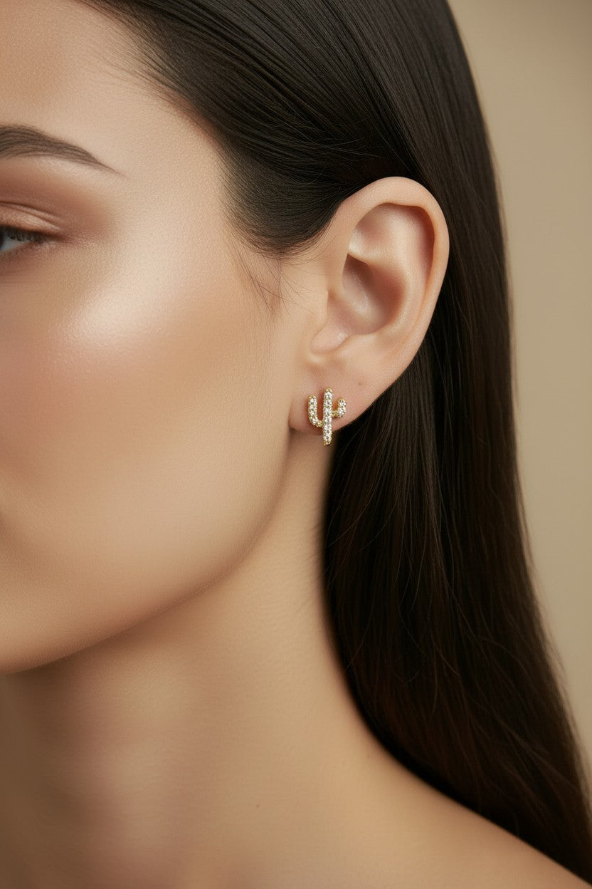 🌵 18k Gold Filled Cactus CZ Stud Earrings — Spines Made of Light. Desert Charm, Worn Daily.