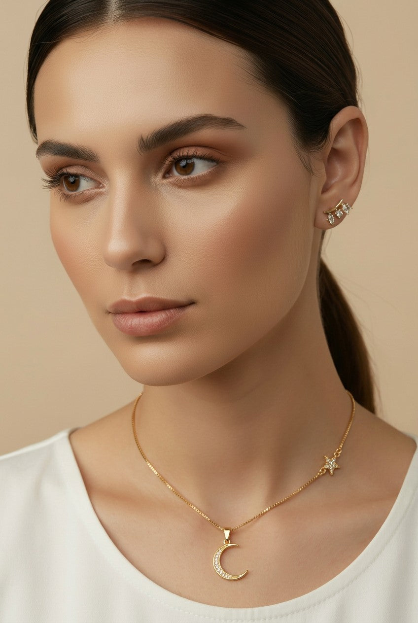 18k Gold Filled Crescent Moon &amp; Star Necklace | Celestial Sparkle