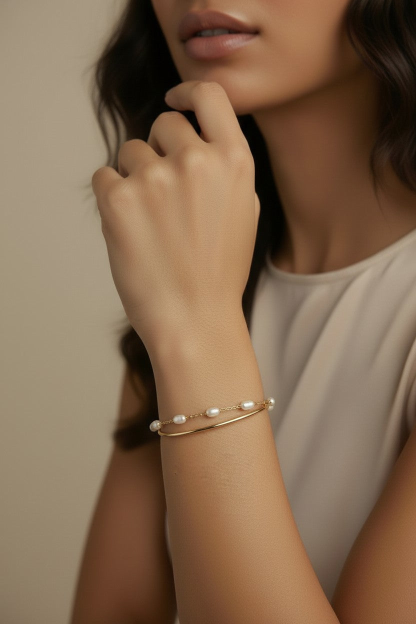 Pearl Cuff Bracelet for Women - Twisted Open Bangle with Elliptical Pearls