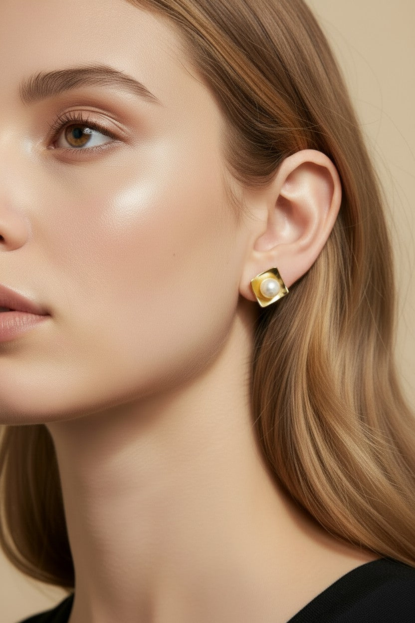 18k Gold Filled Pearl Stud Earrings In A Square Plate