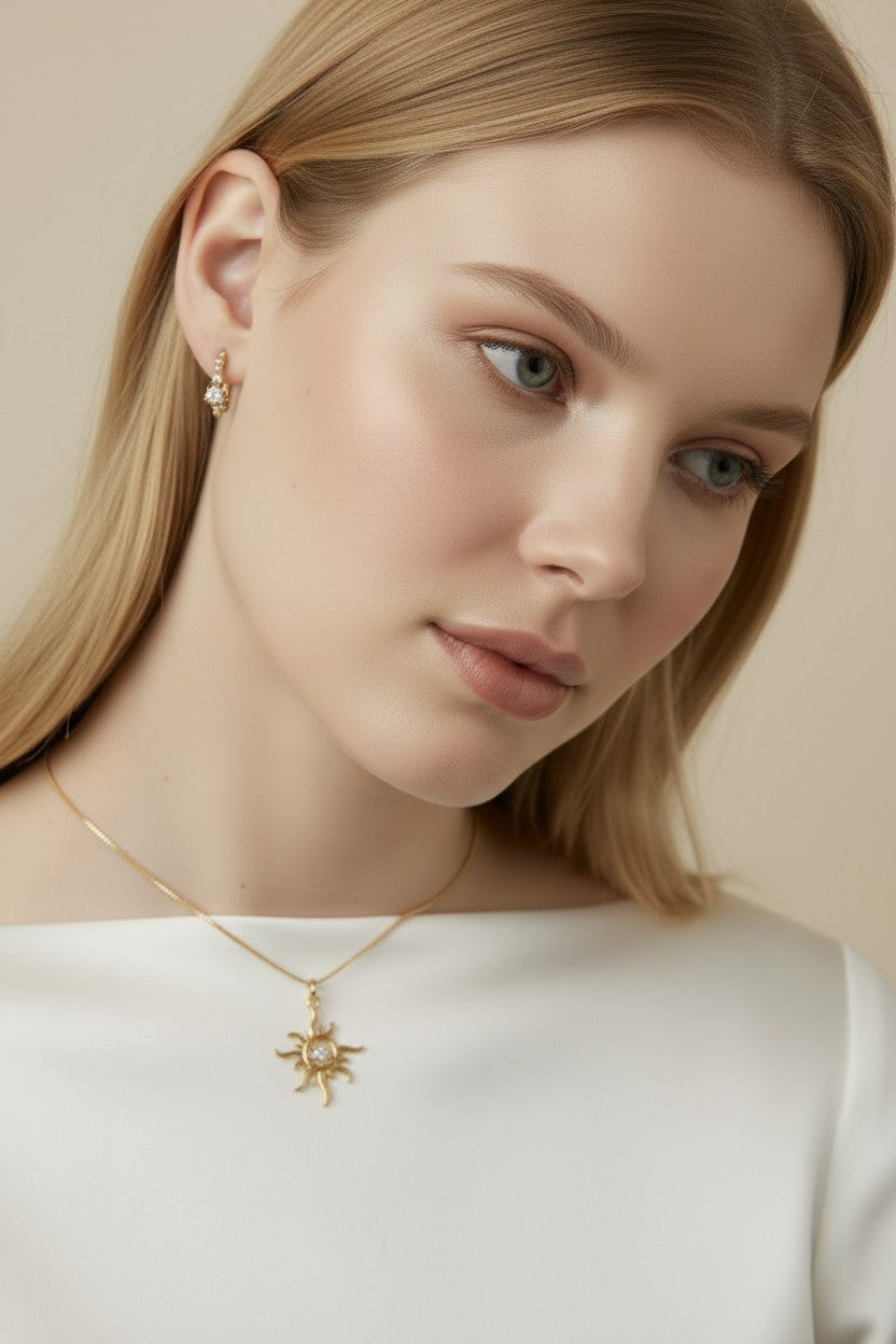 18k Gold Filled Radiant Sun CZ Pendant — Light at the Center. Gold Reaching Outward.