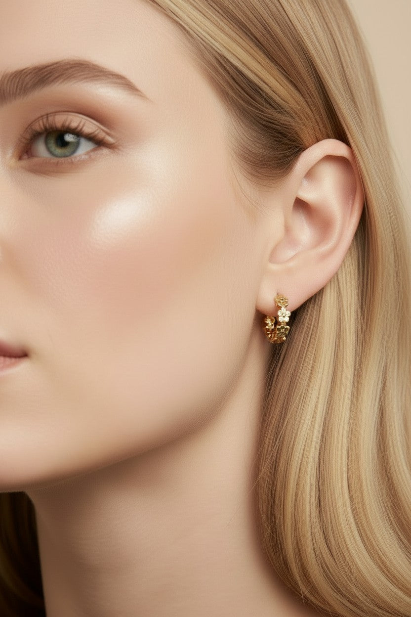 Flower Huggie Hoop Earrings for Women - Small Gold Hoops