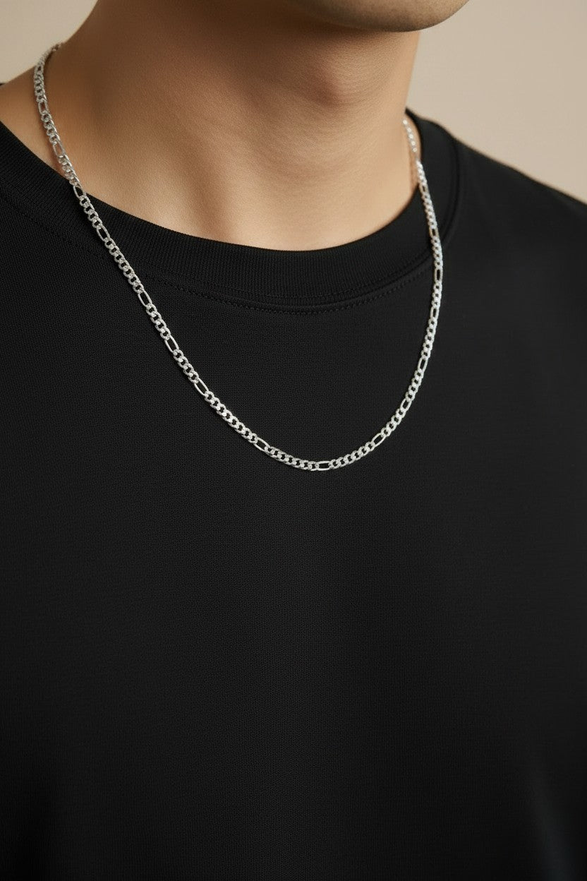 ⛓️ Sterling Silver 4.8mm Figaro 5x1 Chain — Five Links of Texture. One of Grace. Pure Italian Authority.