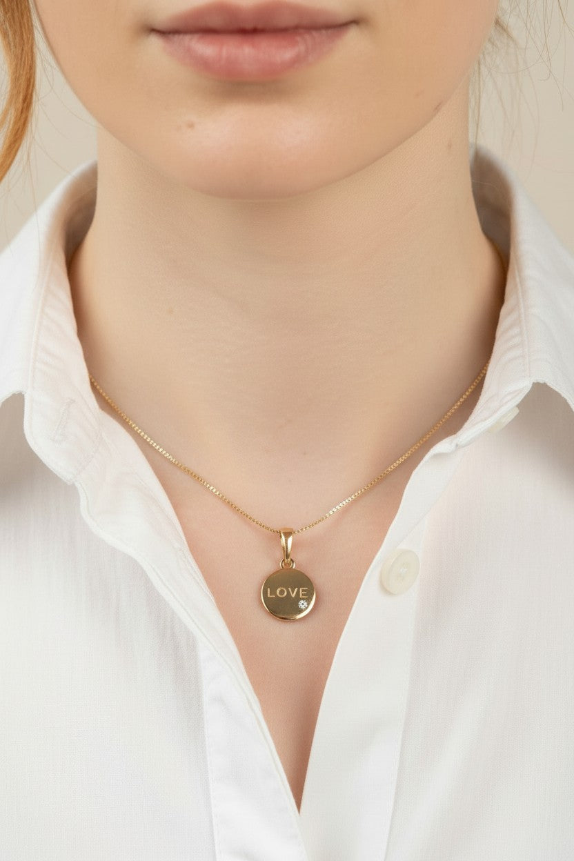 💛 18k Gold Filled LOVE Inscription CZ Pendant — Four Letters in Gold. One Stone. Everything Said.
