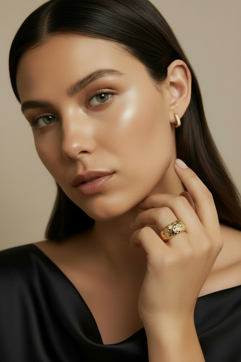 🌙 18k Gold Filled Hammered Moon Ring — Cratered Texture. Scattered Stars. The Moon at the Finger.
