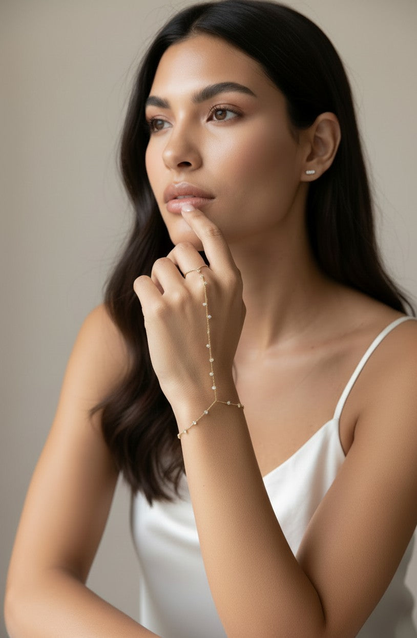 ✨ 18k Gold Filled CZ Hand Chain — Wrist to Finger. Scattered Sparkle. The Piece That Changes How the Hand Moves.