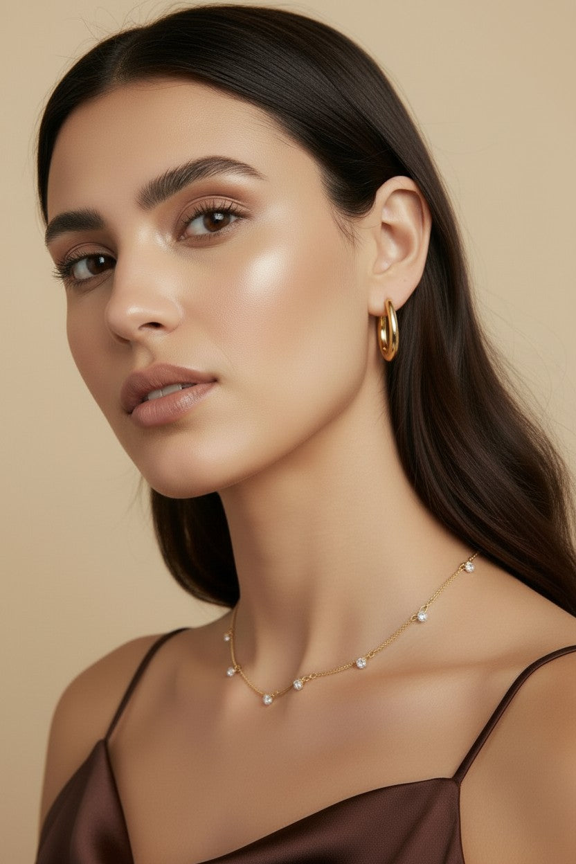 18k Gold Filled Box Chain & Dangling CZ Stones Necklace