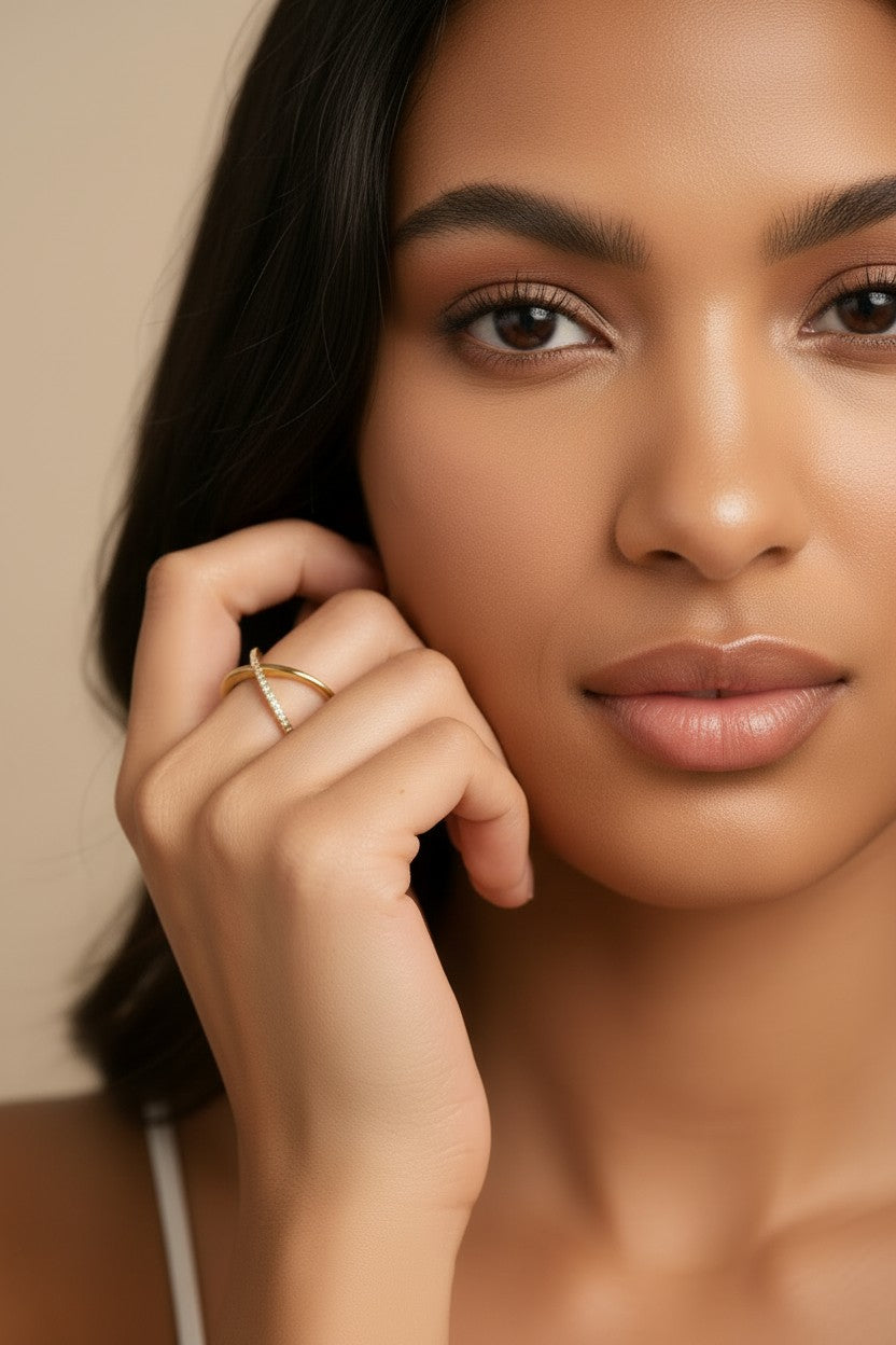 ✨ 18k Gold Filled Half-CZ X Ring — The Asymmetry That Makes It Impossible to Look Away
