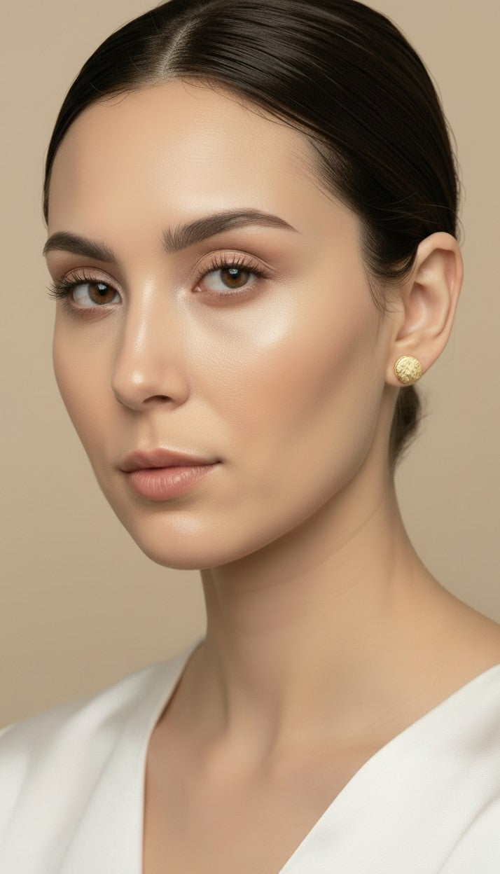✨ 18k Gold Filled Brushed Button Stud Earrings — Matte Gold. Edge Sparkle. The Detail That Makes It.