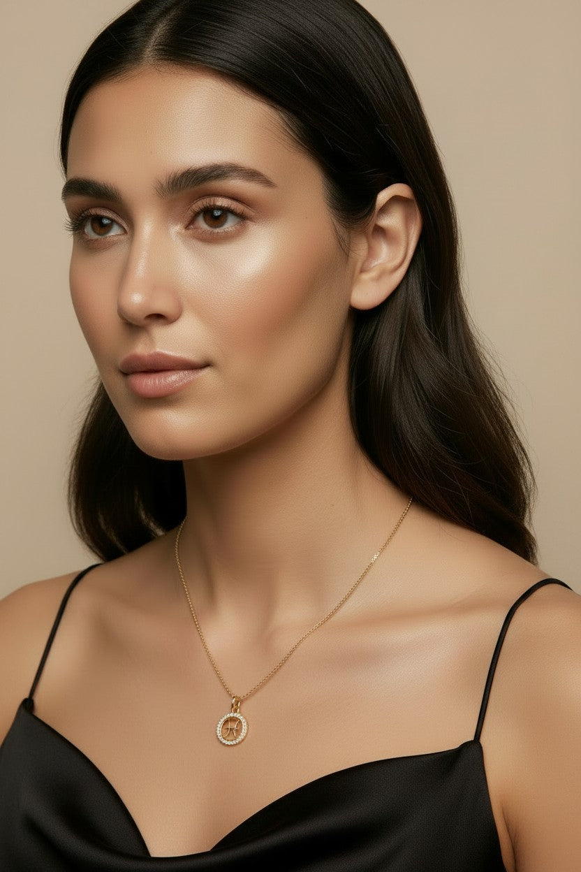 ♓ 18k Gold Filled Mini Pisces Zodiac Pendant — The Dreamer's Sign. CZ-Edged. Worn With Depth.