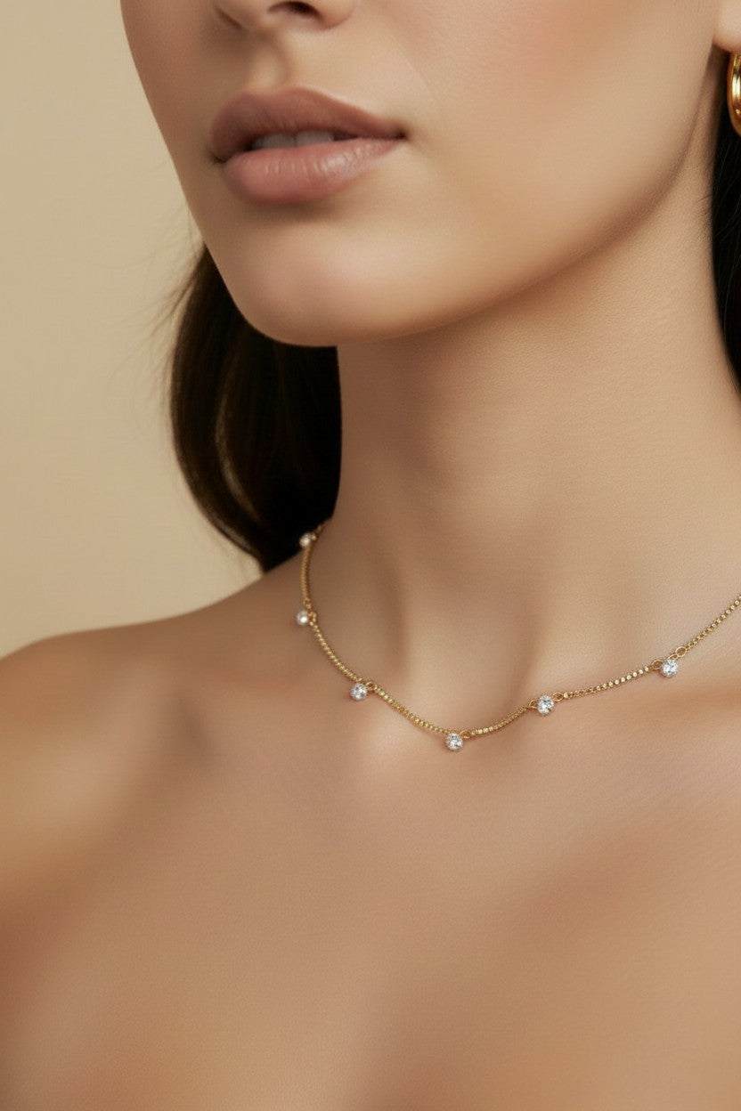 18k Gold Filled Box Chain & Dangling CZ Stones Necklace