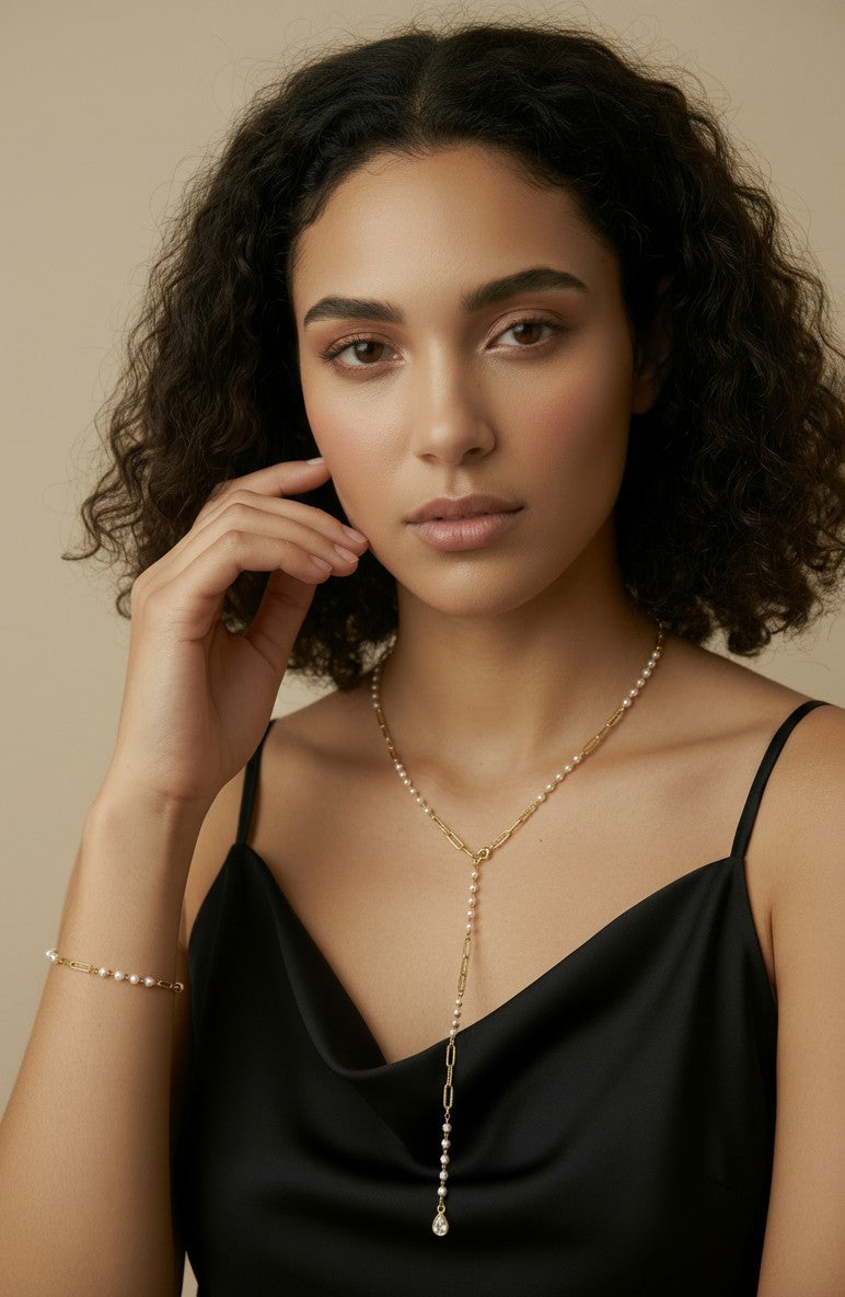 ✨ 18k Gold Filled Pearl & Paperclip Lariat Necklace — Where Modern Gold Meets Timeless Pearl