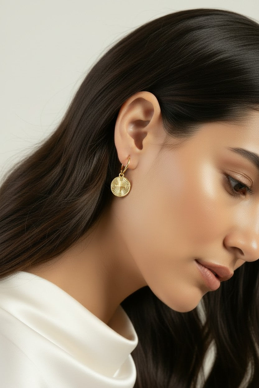 🧭 18k Gold Filled Compass Charm C-Hoop Earrings — Find Your Direction. Wear It at the Ear.