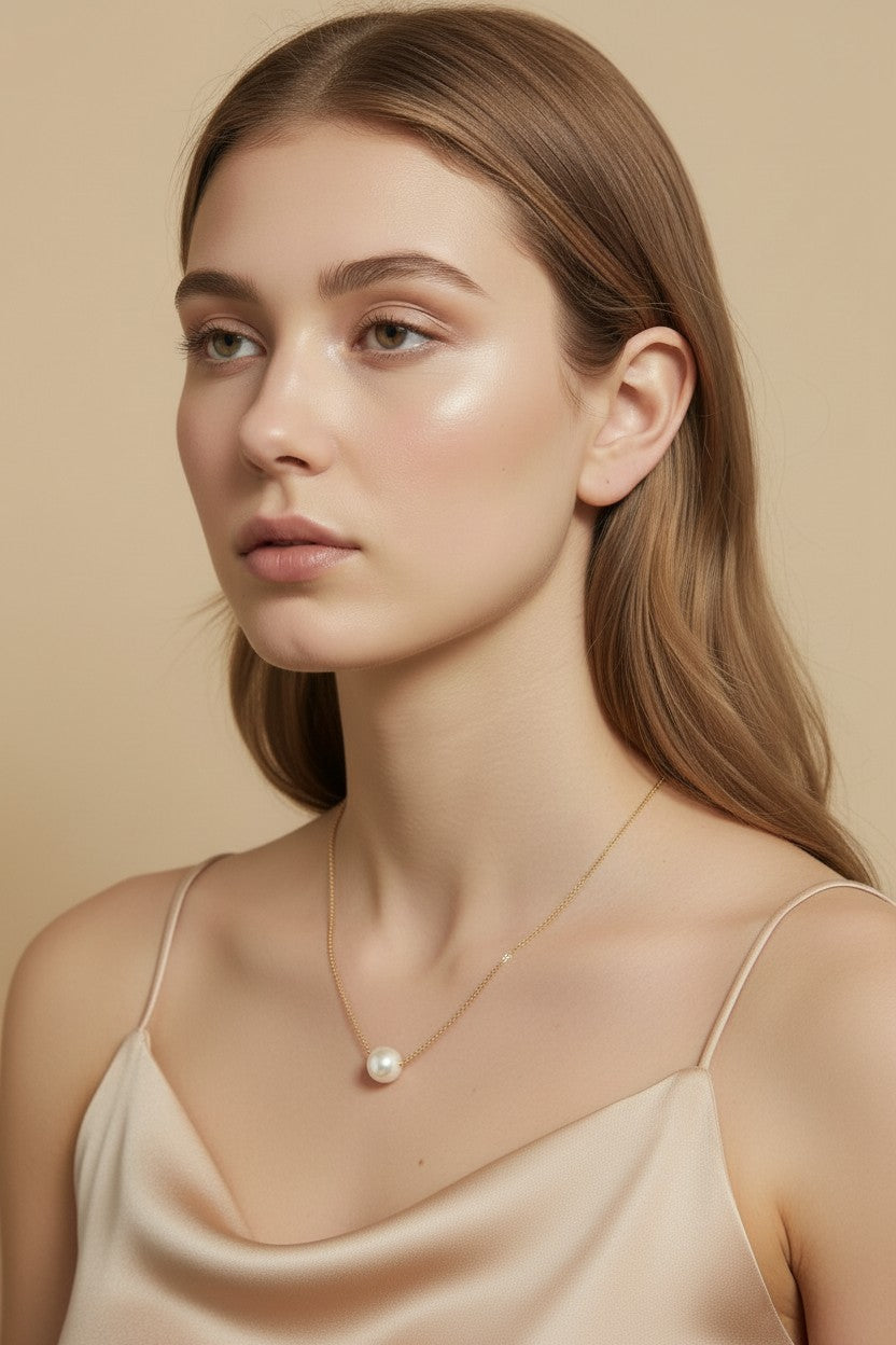 Solitaire Pearl Necklace - Delicate Diamond Cut Chain