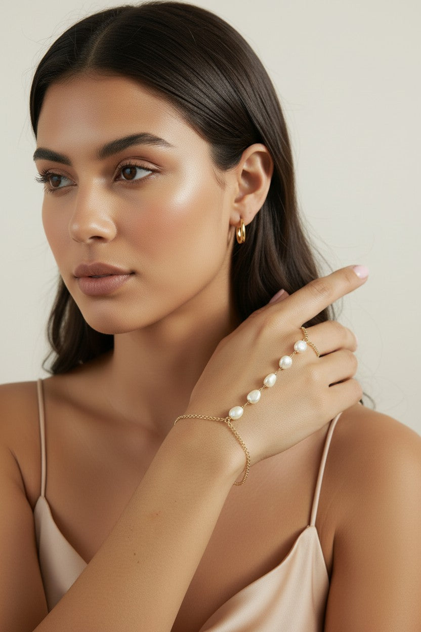 🤍 18k Gold Filled Baroque Pearl Hand Chain — From Wrist to Finger. The Hand, Adorned Entirely.