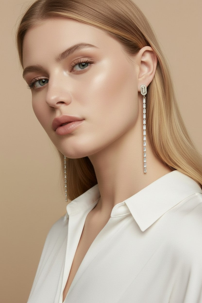 18k Gold Filled Baguette CZ Long Drop Earrings — Three Inches of Pure, Unforgettable Sparkle