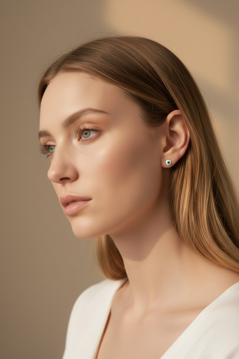 👁️ 18k Gold Filled Blue & White Evil Eye Stud Earrings — The Classic Gaze. The Original Color. Always Watching.