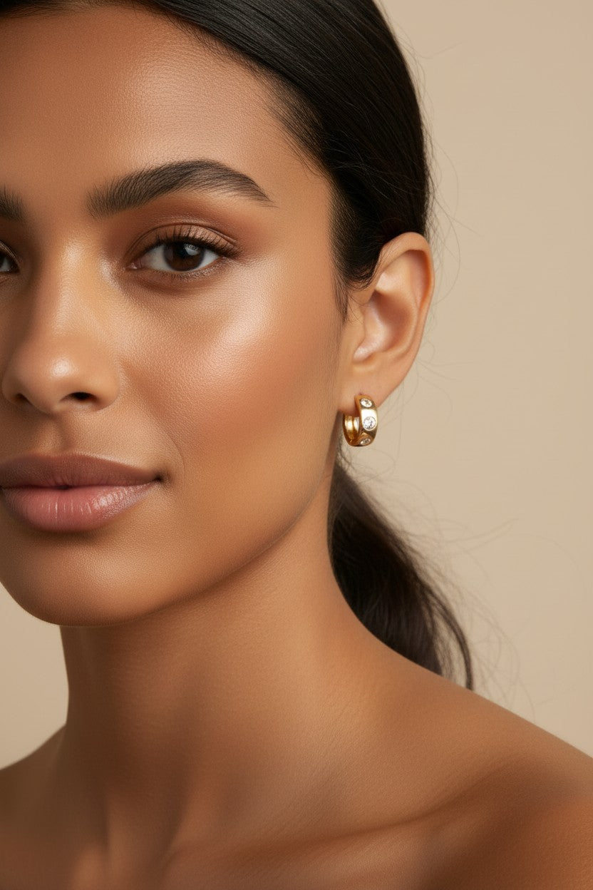 ✨ 18k Gold Filled Three-Stone CZ Huggie Earrings — Three Large Stones. One Row. Maximum Sparkle, Close to the Lobe.